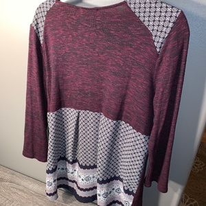Unique maroon mixed media shirt.